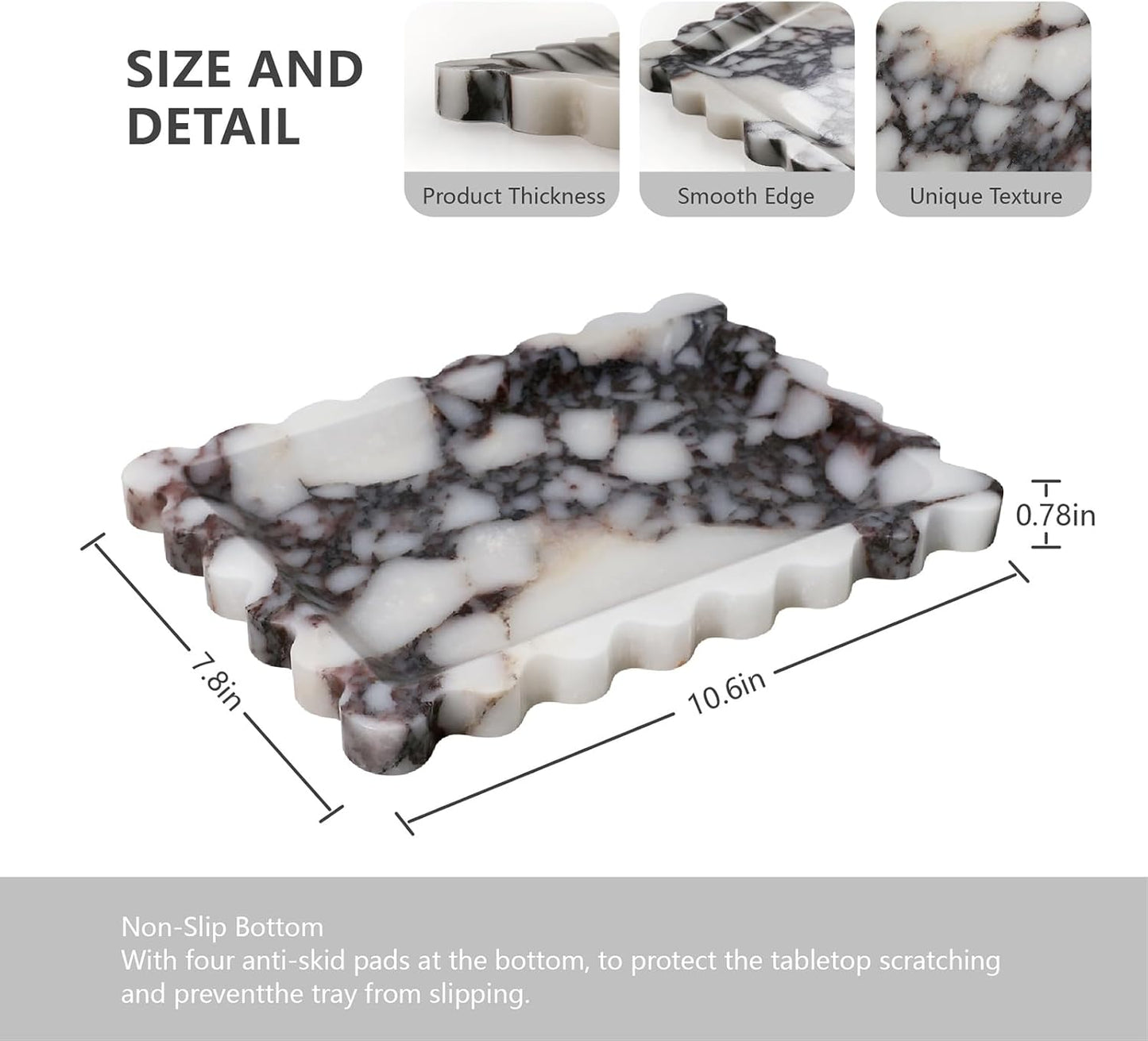 Marble Tray for Bathroom Vanity Countertop - Decorative Stone Soap Dish Organizer, Rectangular Tray for Jewelry, Perfume, Keys (10.6"x7.8")