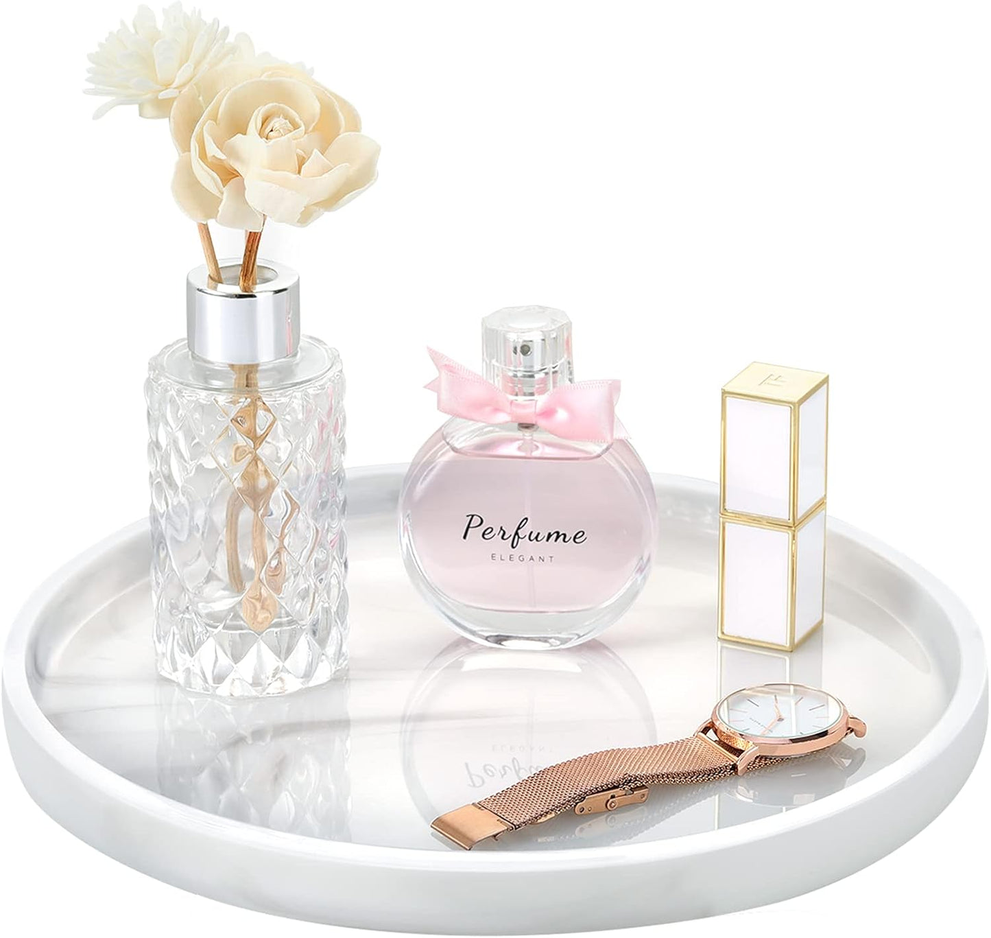 Emibele Vanity Tray, Resin Round Tray Decorative Storage Organizer for Bathroom Toilet Tank Bedroom Kitchen Countertop, Jewelry Storage Dresser Tray for Candle, Lotion Bottle, Cosmetics, Marble White