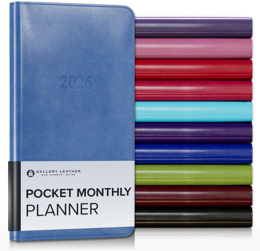 Gallery Leather Pocket Monthly Planner 2025-2026, Elegantly Bound Calendar Planner and Notebook with Stylish Gold-Gilded Page Edges, 18 Months - Acadia Hydrangea - 6x3.25"