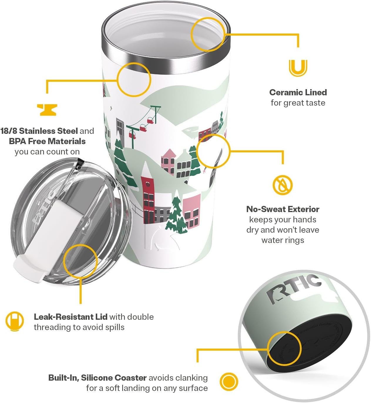 RTIC 30oz Essential Tumbler with Lid, Ceramic Lined, Insulated, Stainless Steel, Metal, Double Wall Vacuum-Insulation, Travel Cup for Iced Coffee, Tea, Hot and Cold Drink, Apres Ski