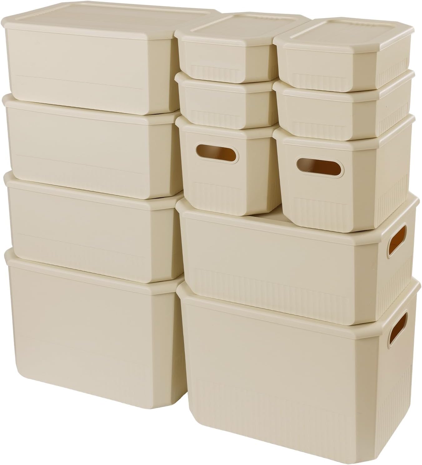 ANMINY 12PCS Plastic Storage Bins Containers with Lids, Large Storage Organization Bins Boxes, Lidded Plastic Storage Baskets for Closet Shelves Drawers Desktop Home Office, Ivory
