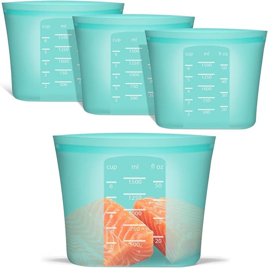 Large Reusable Storage Bag, 4 Pack 100% Silicone Food Storage Bags Stand Up Silicone Zip Lock Bags for Food Container, Freezer Microwave Oven Dishwasher Safe, Aqua, 50.7oz/ 1500ml