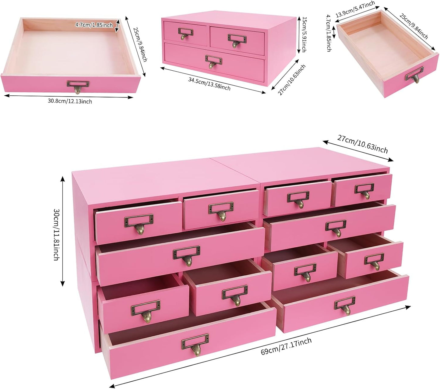 4-Piece Desktop Organizer Set with 3 Drawers, Wood & Metal Drawer Storage, Wooden Desktop Organizer for Store Cosmetics, Jewelry, Letters, Papers, Tea Bags, Sugar Packets (Pinck)