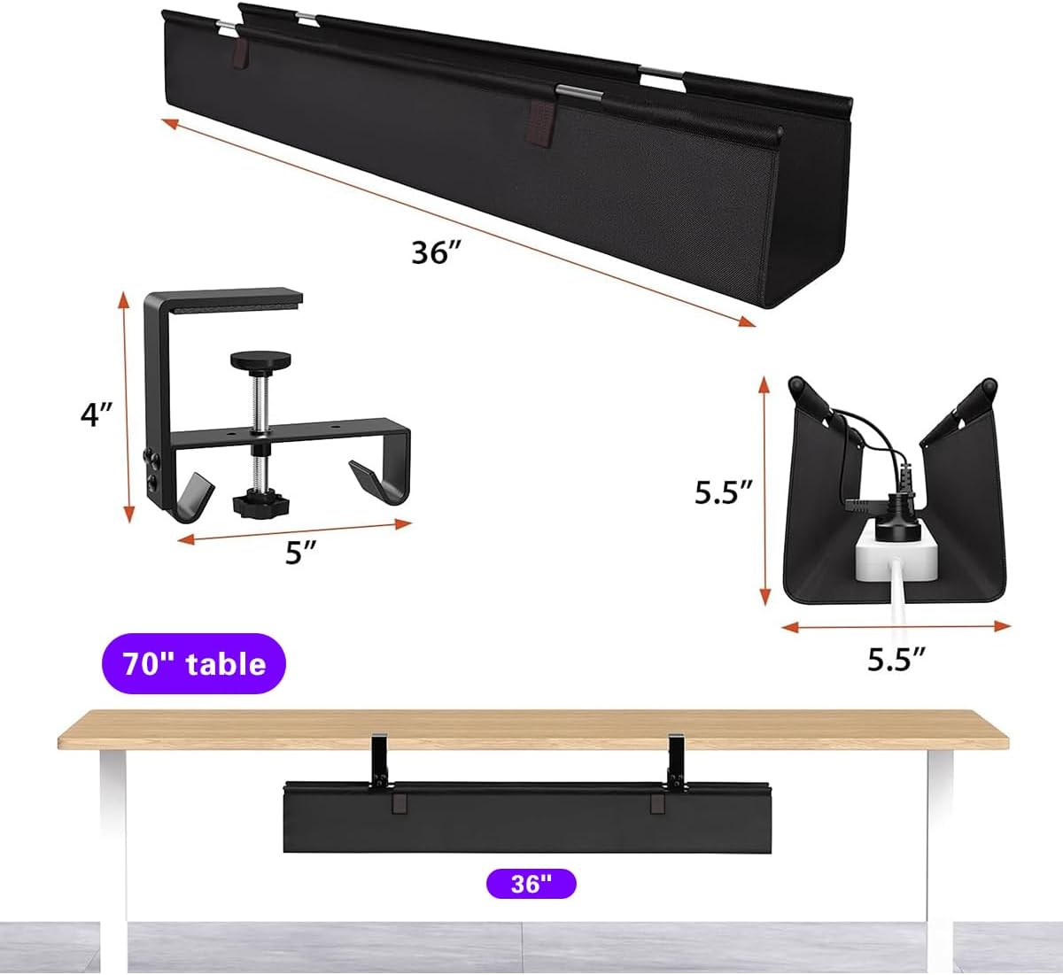 Under Desk Cable Management Tray 36" - No Drill Computer Wire Organizer Cable Tray, Fabric Cord Hider Clamp Mount, Premium Fabric Cable Management Tray for Office, Home (Black/1set)