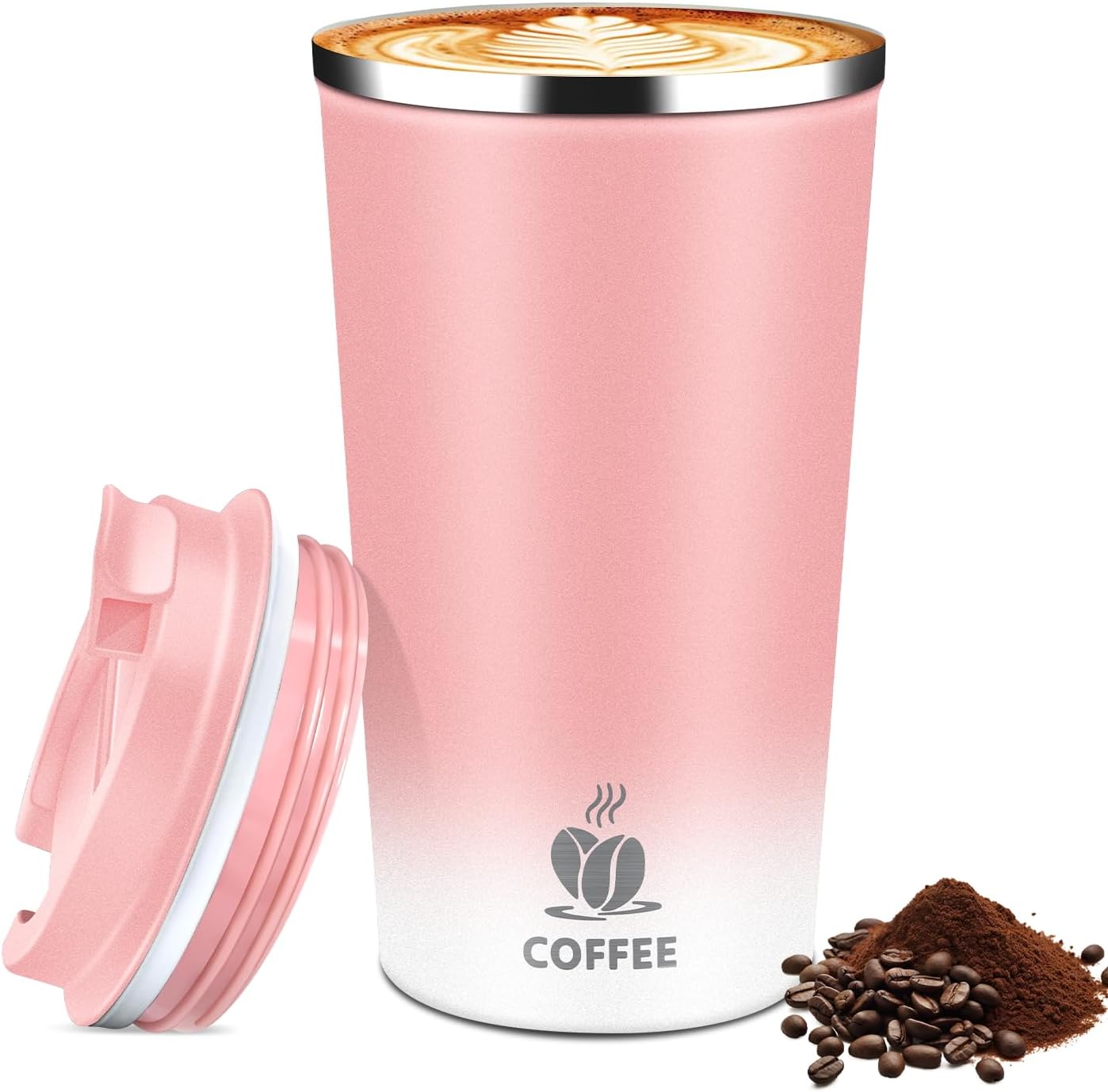 Insulated Travel Coffee Mug Reusable Coffee Tumbler Cup with Flip Lid Leak Proof Spill Proof for Office School Party Camping Hot and Cold Drink,Stainless Steel 17oz (Pink White)