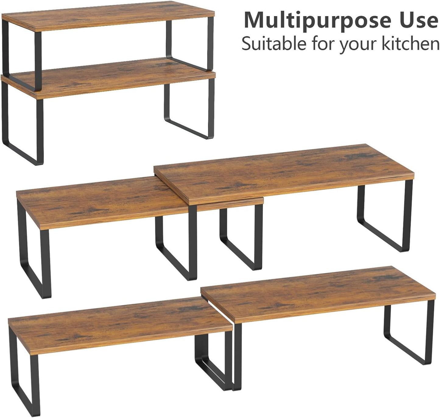 NEX Kitchen Cabinet and Counter Shelf Organizer, Stackable & Expandable, Set of 4, Black and Rustic Brown - 7.7 x 15.6 x 6.2''