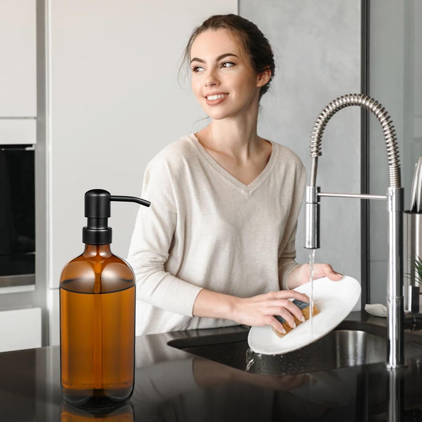 Amber Glass Soap Dispenser with 304 Stainless Steel Pump 17 oz for Kitchen Dish Soap and Bathroom Hand Soap Bottle