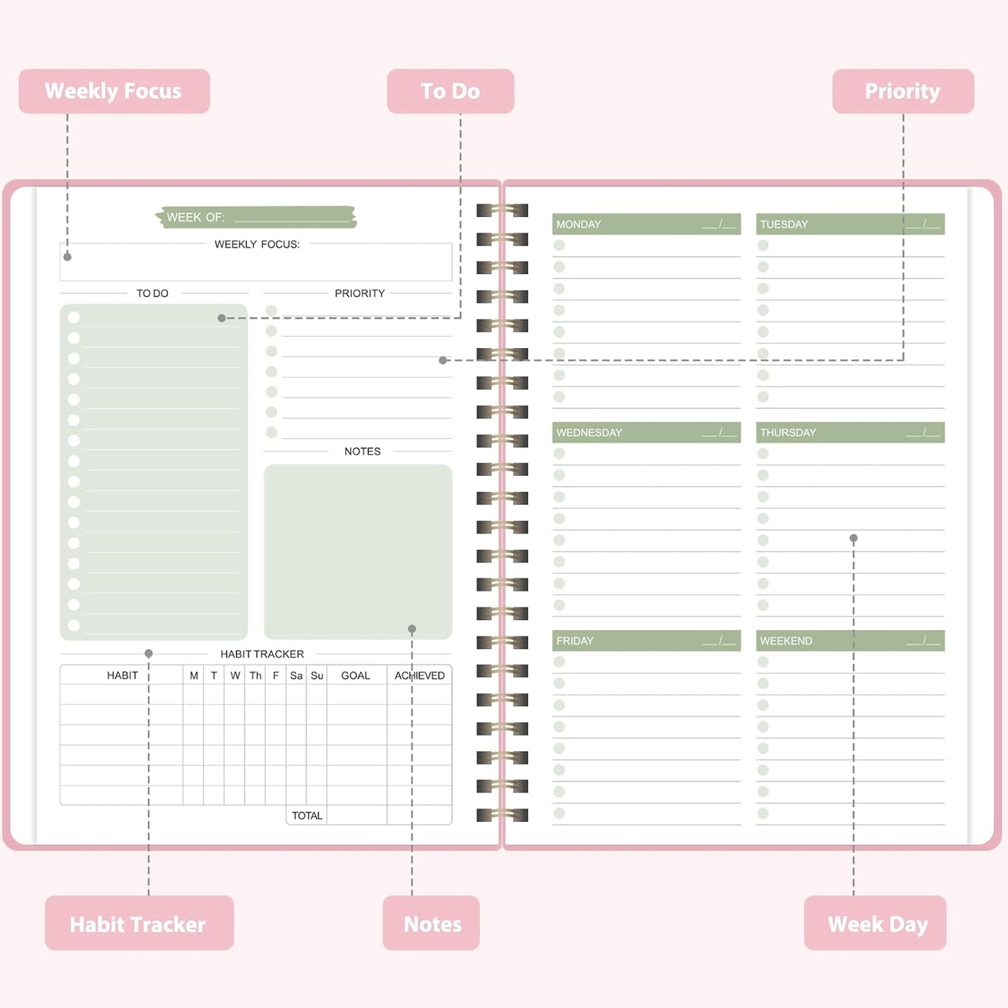 Undated Weekly Planner, Weekly To Do List Notebook with Goal, Organizer & Habit Tracker, A5 Daily Planner with Spiral Binding, Ideal for Office School Suppies - Pink