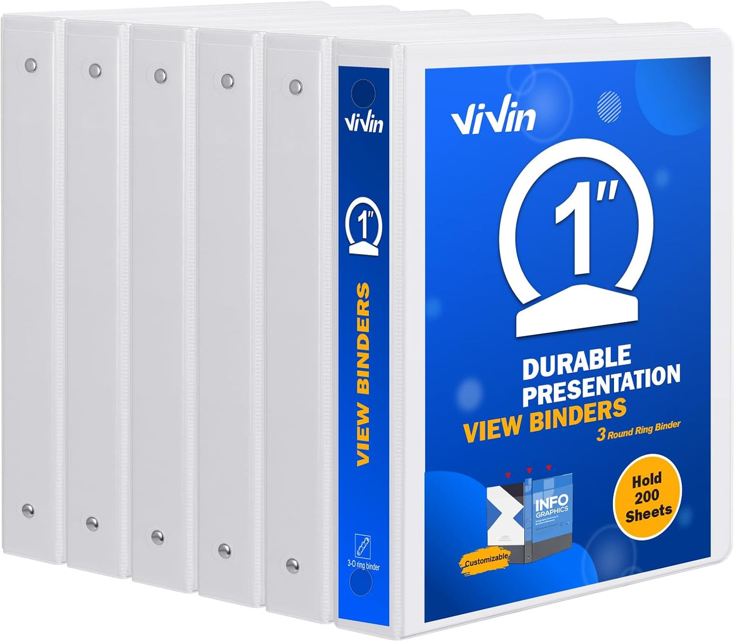 3 Ring Binder 1 Inch, ViVin Sturdy 1"-Round Ring Binder with 2 Interior Pockets, Clear View Cover, PVC-Free, Fits 200 Sheets of 8.5'' x 11'' Paper, Office Home School (6 Pack, White)