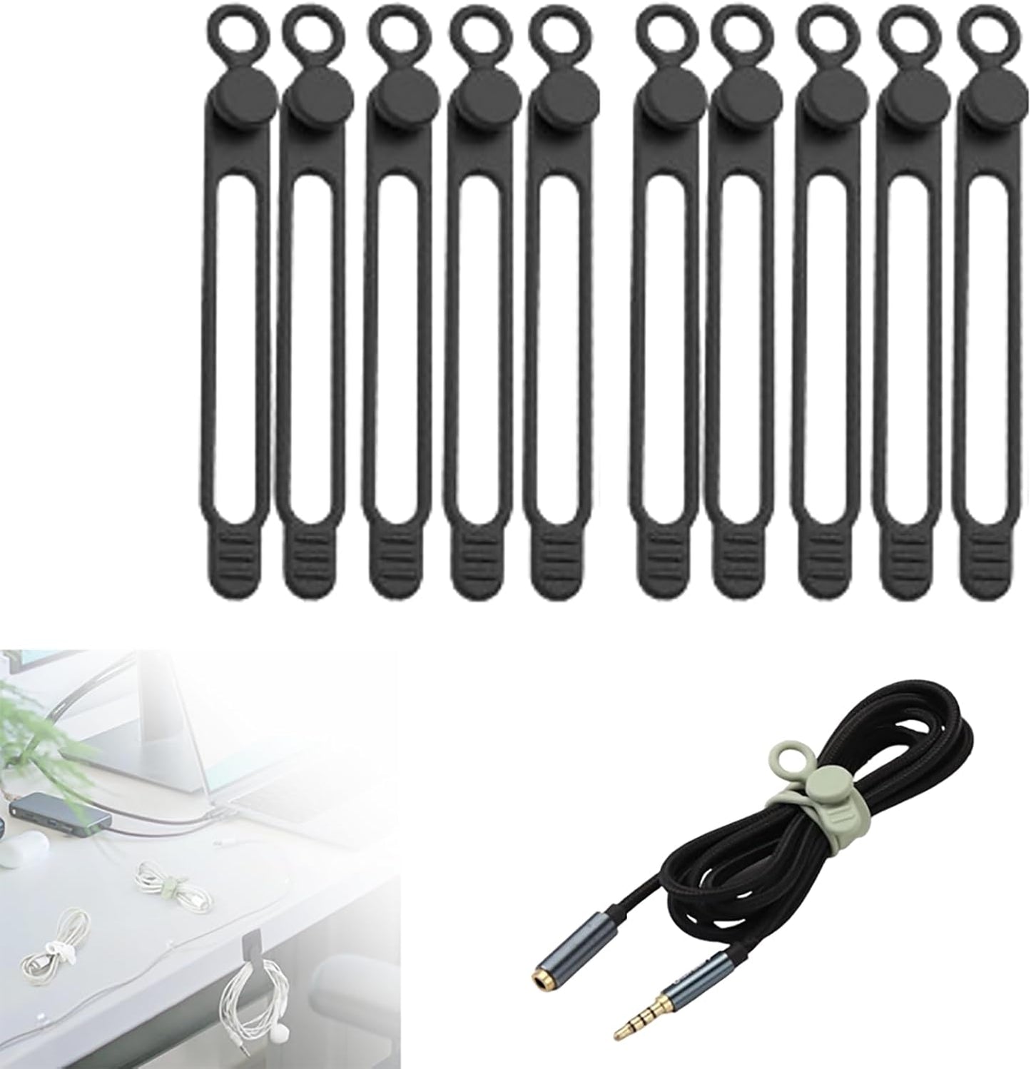 Silicone Cable Ties, 2024 New Data Cable Organizer Silicone Cable Ties Reusable Cable Management Organizer Multipurpose Cable Management for Travel/Portable/Office/Home Desk (Black, 10 Pcs)