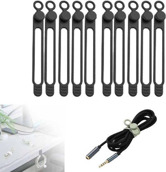 Silicone Cable Ties, 2024 New Data Cable Organizer Silicone Cable Ties Reusable Cable Management Organizer Multipurpose Cable Management for Travel/Portable/Office/Home Desk (Black, 10 Pcs)