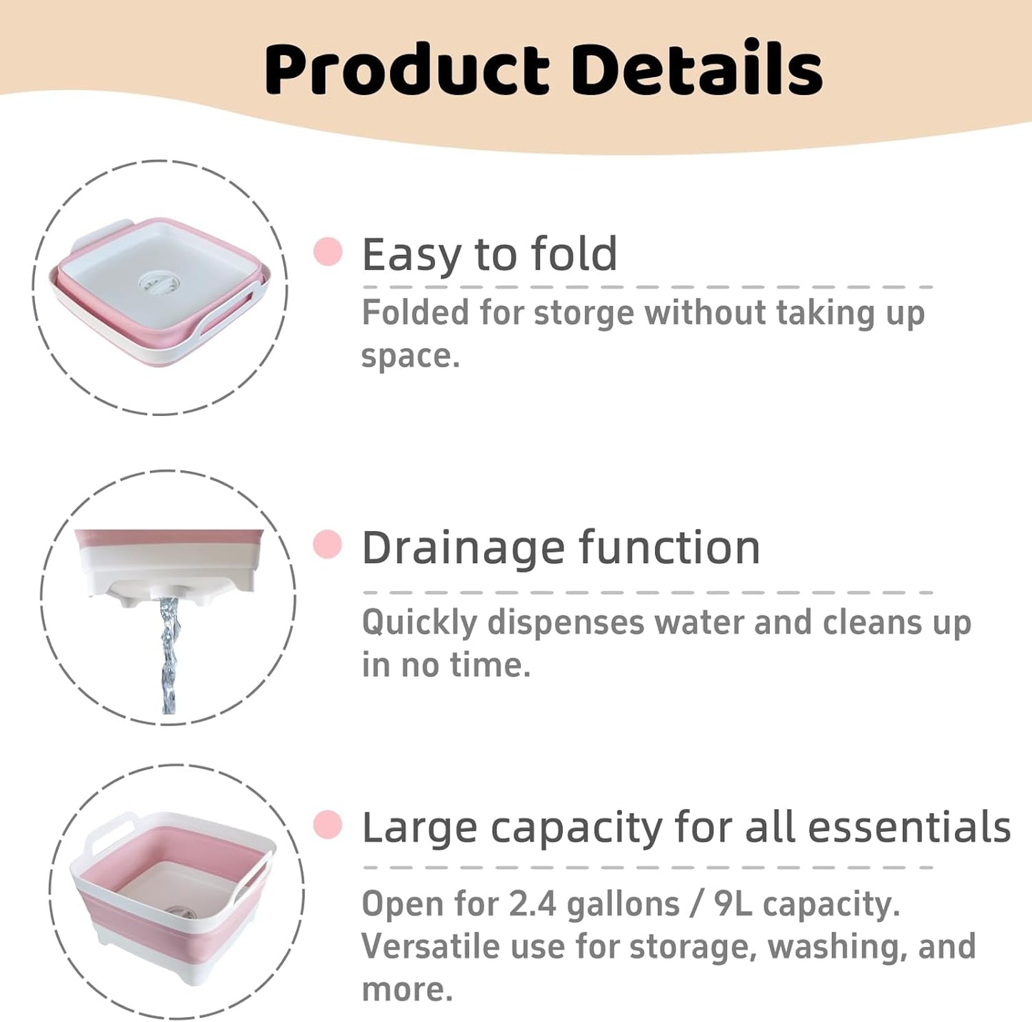 Collapsible Wash Basin for Baby Bottles - 2.4 Gallons Portable Wash Bin for RV Camping Sink, Space-Saving Dish Tub (Pink)