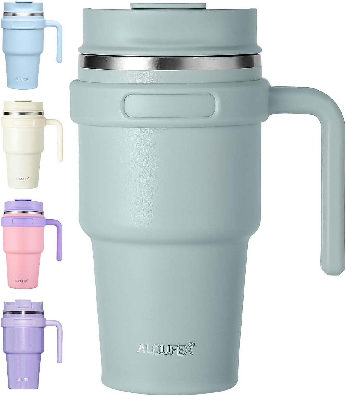 ALOUFEA 20 oz Insulated Coffee Mug Tumbler with Handle, Stainless Steel Travel Mug Tumbler with Lid and Straw,Double Wall Vacuum Leak Proof Ice Coffee Thermal Cup,Sage