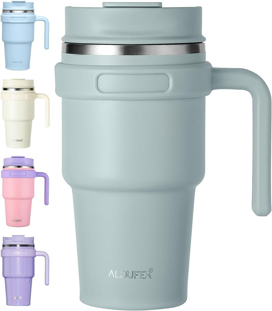 ALOUFEA 20 oz Insulated Coffee Mug Tumbler with Handle, Stainless Steel Travel Mug Tumbler with Lid and Straw,Double Wall Vacuum Leak Proof Ice Coffee Thermal Cup,Sage