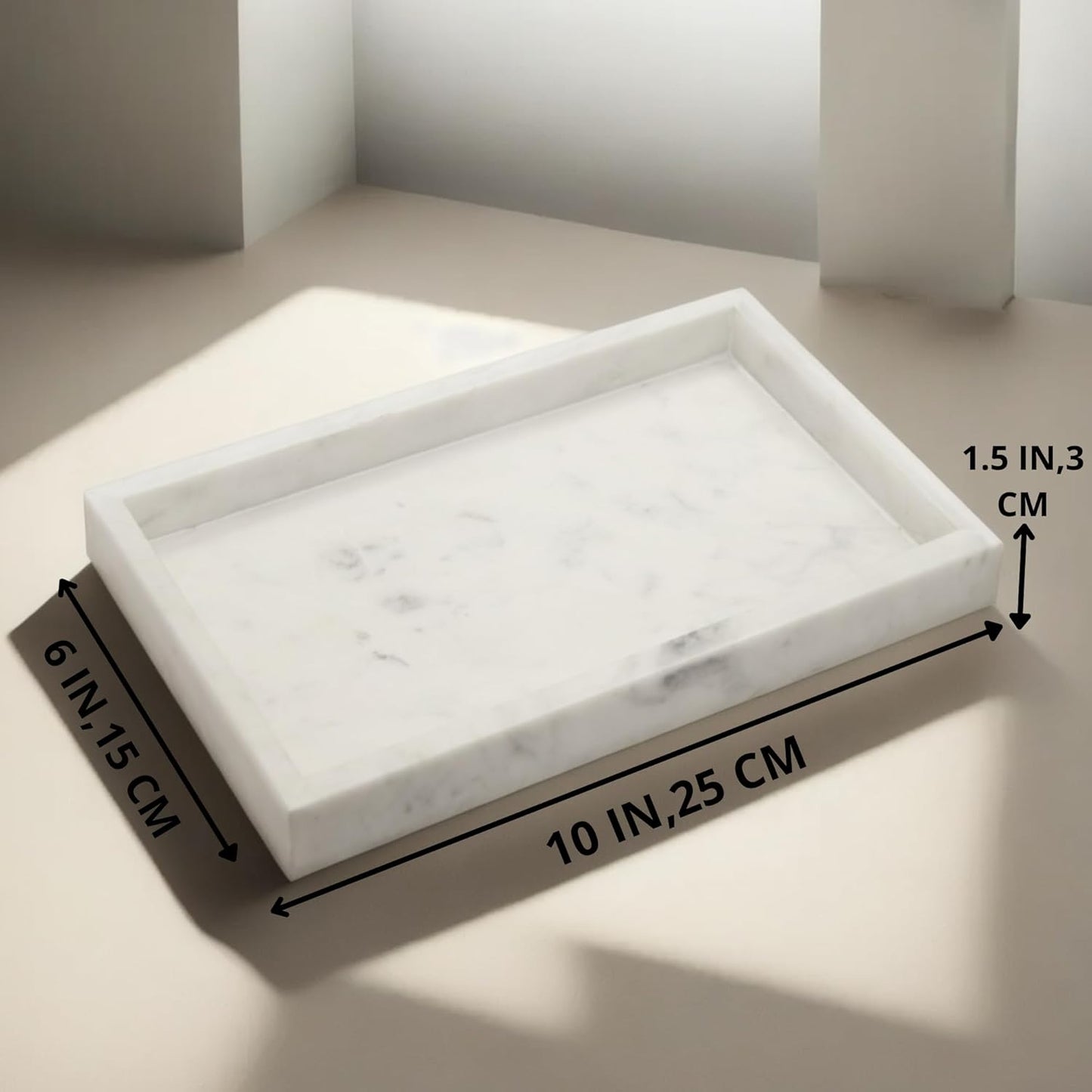 Natural White Marble Tray for Bathroom | Kitchen | Vanity | Desktop, Stone Organizer for Coffee Table, Dresser, Nightstand, Candles, Soap, Towel, Plant, Jewelry (10" x 6"), Rectangular