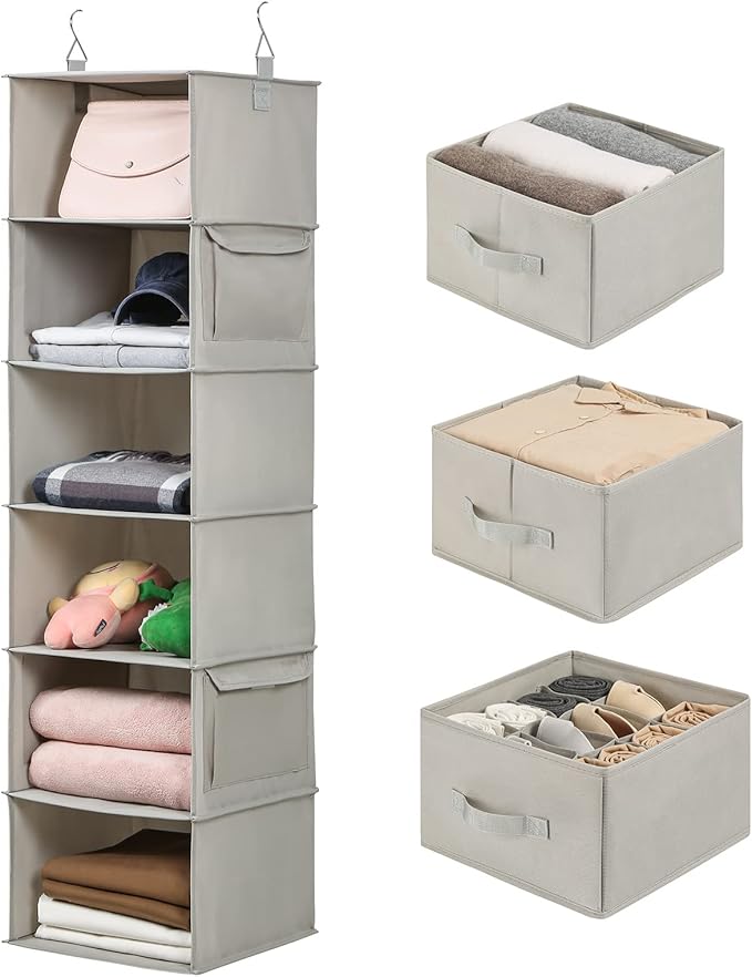 Vailando 6-Shelf Hanging Closet Organizer, Hanging Shelves for Closet with 2 Large Drawer&1 Drawer w/Compartment, 12'' x 12'' x 48.8'', Baby Organizer for Nursery…