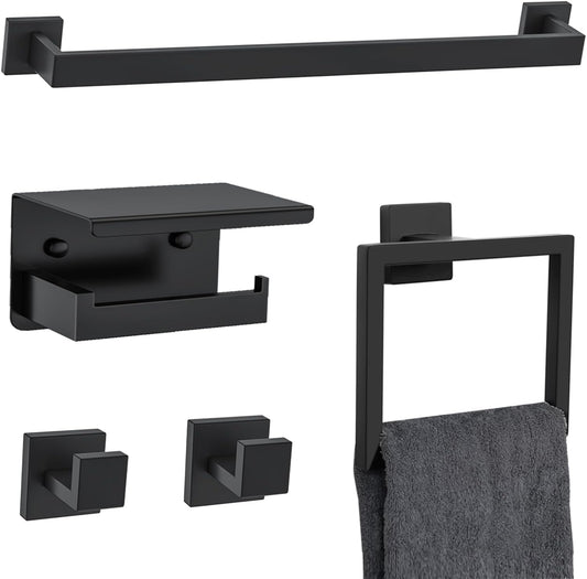 5 Pieces Black Towel Bar Set Bathroom Hardware Accessories Set Upgraded Toilet Paper Holder with Shelf Towel Holder Set for Bathroom Stainless Steel Wall Mounted