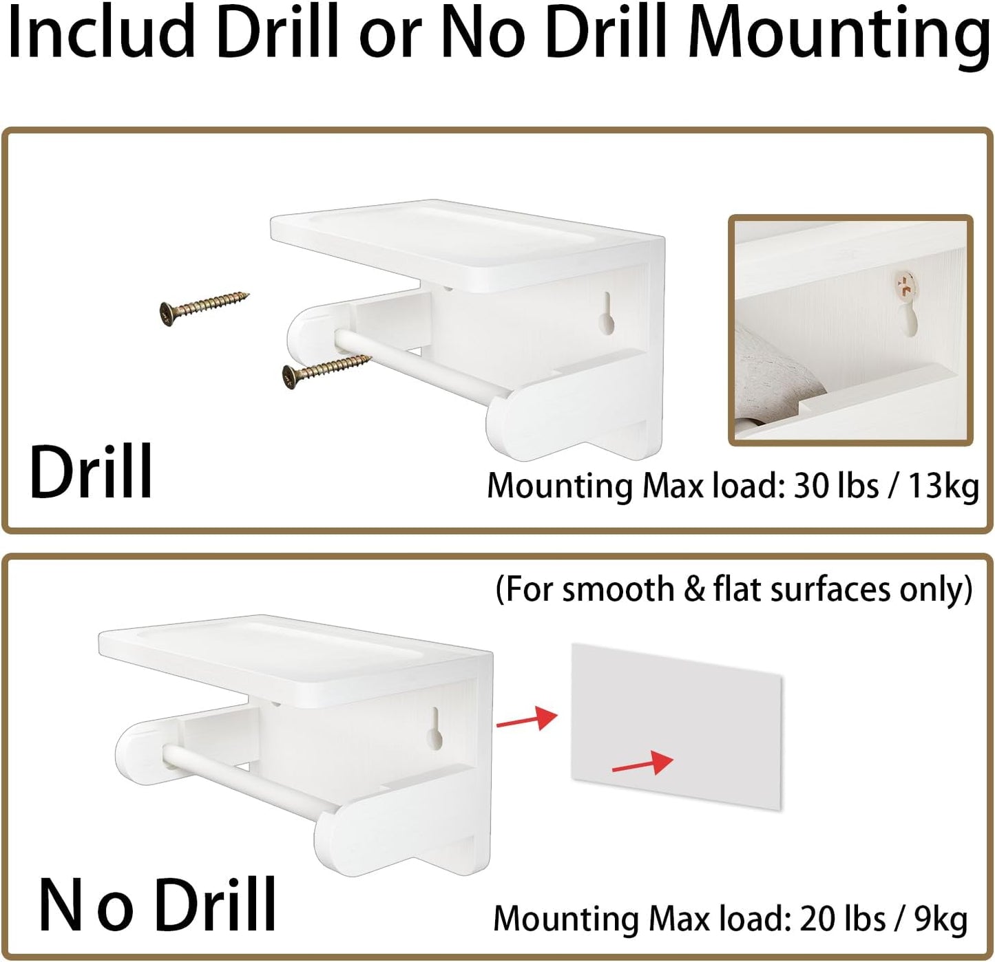 Drill-Free Toilet Paper Holder with Phone Shelf Bamboo Wall-Mounted, No-Drill & Drillable, Bathroom Storage Organizer, Space Saver Tissue Roll Rack for Bathroom, Kitchen, Home Decor (White)