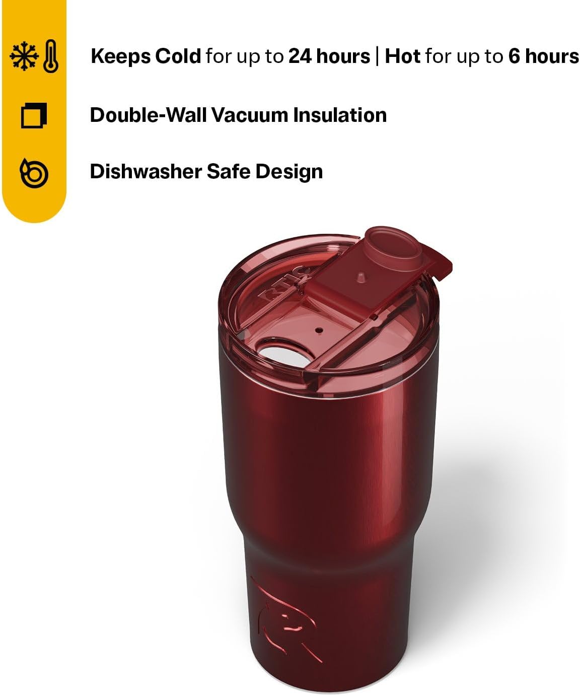 RTIC 20oz Essential Tumbler with Lid, Insulated, Stainless Steel, Metal, Double Wall Vacuum-Insulation, Ceramic Lined, Travel Cup for Iced Coffee, Tea, Hot and Cold Drink, Black Cherry Metallic