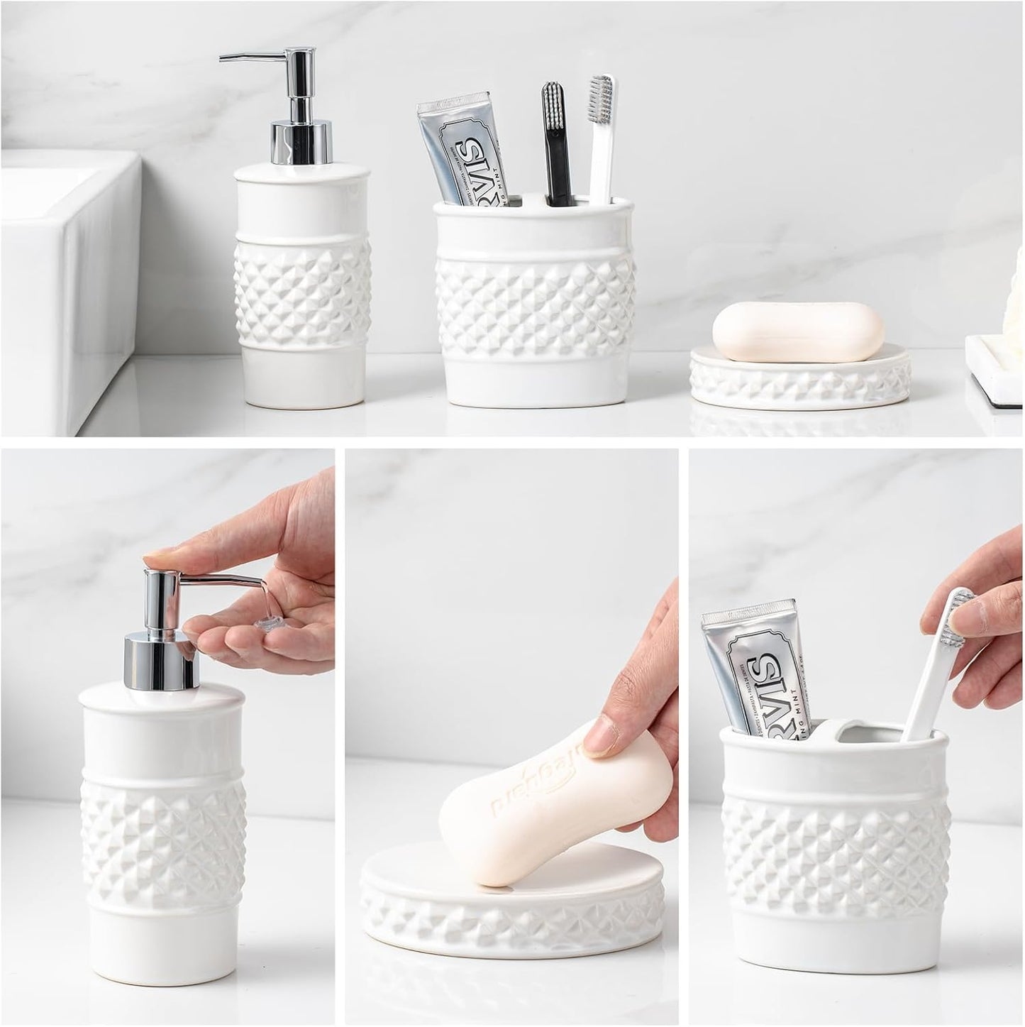 3-Piece White Ceramic Bathroom Accessories Set - Luxurious Soap Dispenser, Toothbrush Holder & Soap Dish with Modern Geo Embossed Design for Bathroom Accessory Set