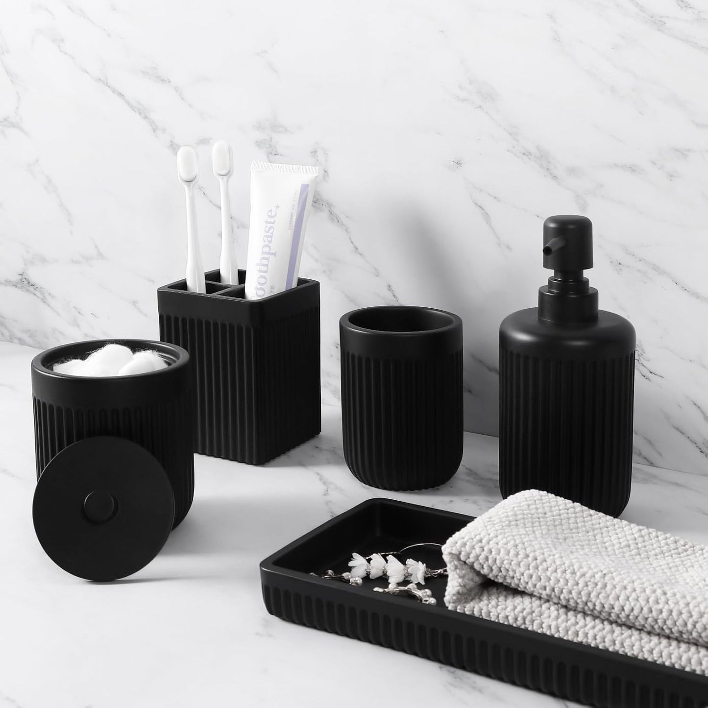 Resin Matte Black Bathroom Accessories Set 5 Pcs, Lotion Soap Dispenser, Toothbrush Holder, Bathroom Tumbler, Qtip Holder and Vanity Tray, Bathroom Countertop Organizer Set for Home Apartment