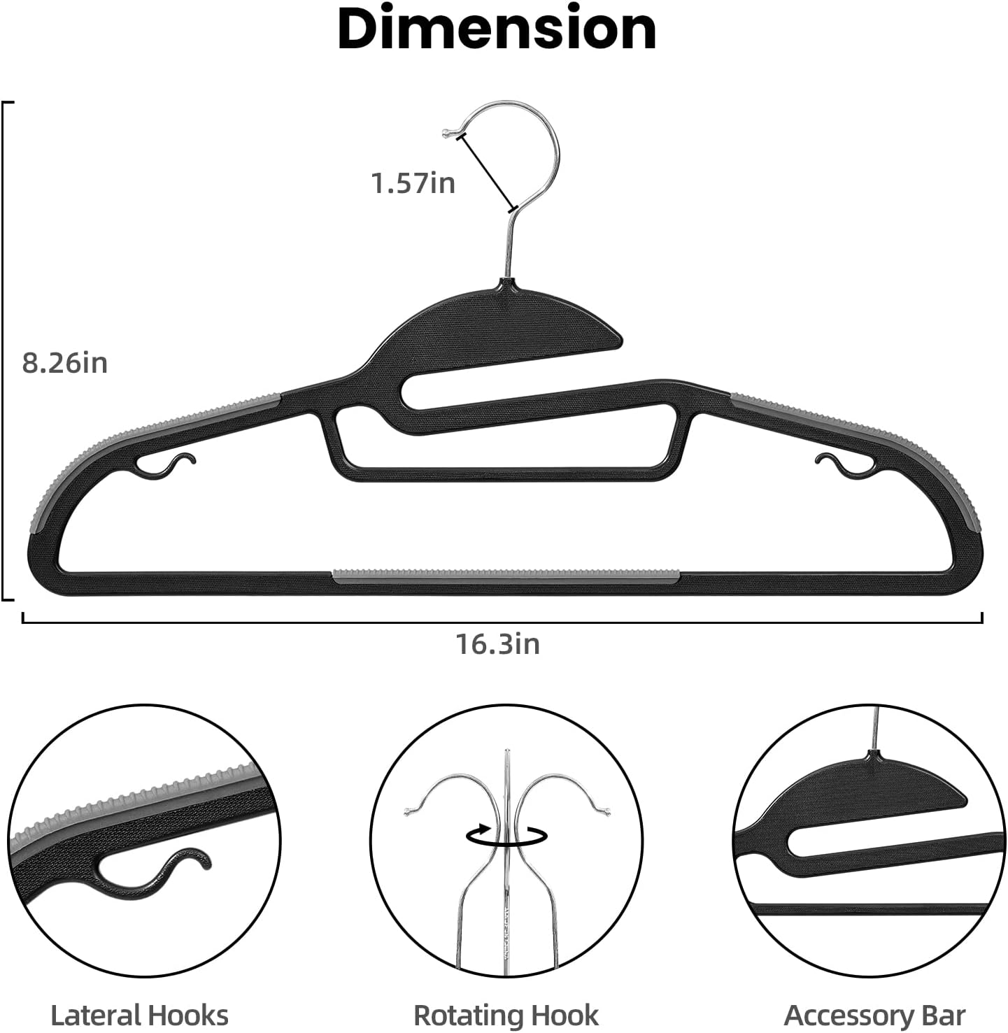 Heavy Duty Plastic Hangers 50 Pack with Non-Slip Design,0.2 Inches Thick,360°Swivel Hook Space Saving Organizer for Bedroom Closet,Shirts,Pants,Strong Enough for Coat(Black- S Shaped)