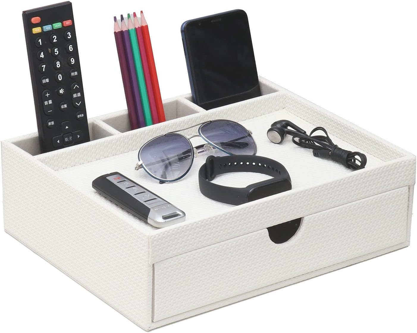 Leather Desk Organizer With Drawers, Home Cosmetics & Phone Remote Organizer, Drawer Plus Divider & Tray (white)