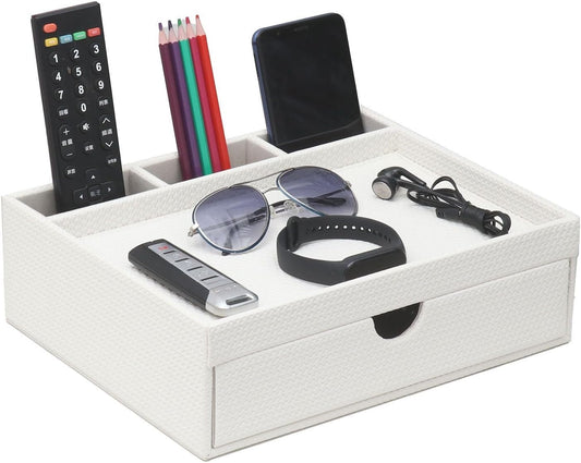 Leather Desk Organizer With Drawers, Home Cosmetics & Phone Remote Organizer, Drawer Plus Divider & Tray (white)