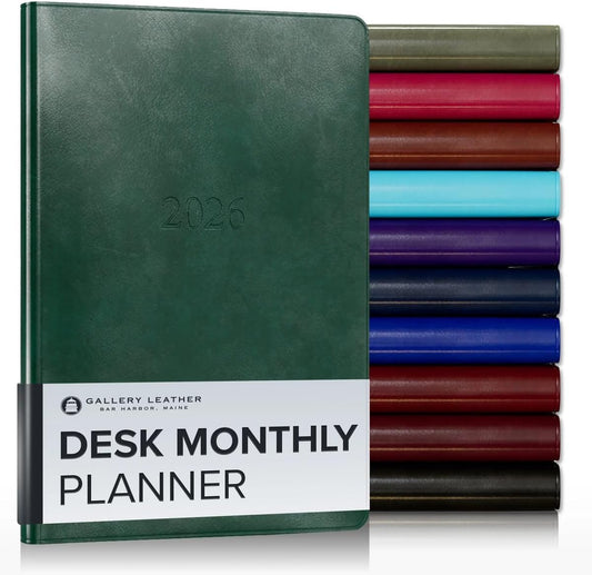 Gallery Leather Desk Monthly Planner 2025-2026, Elegantly Bound Calendar Planner and Notebook with Stylish Gold-Gilded Page Edges, 18 Months - Acadia Green - 8x5.5”