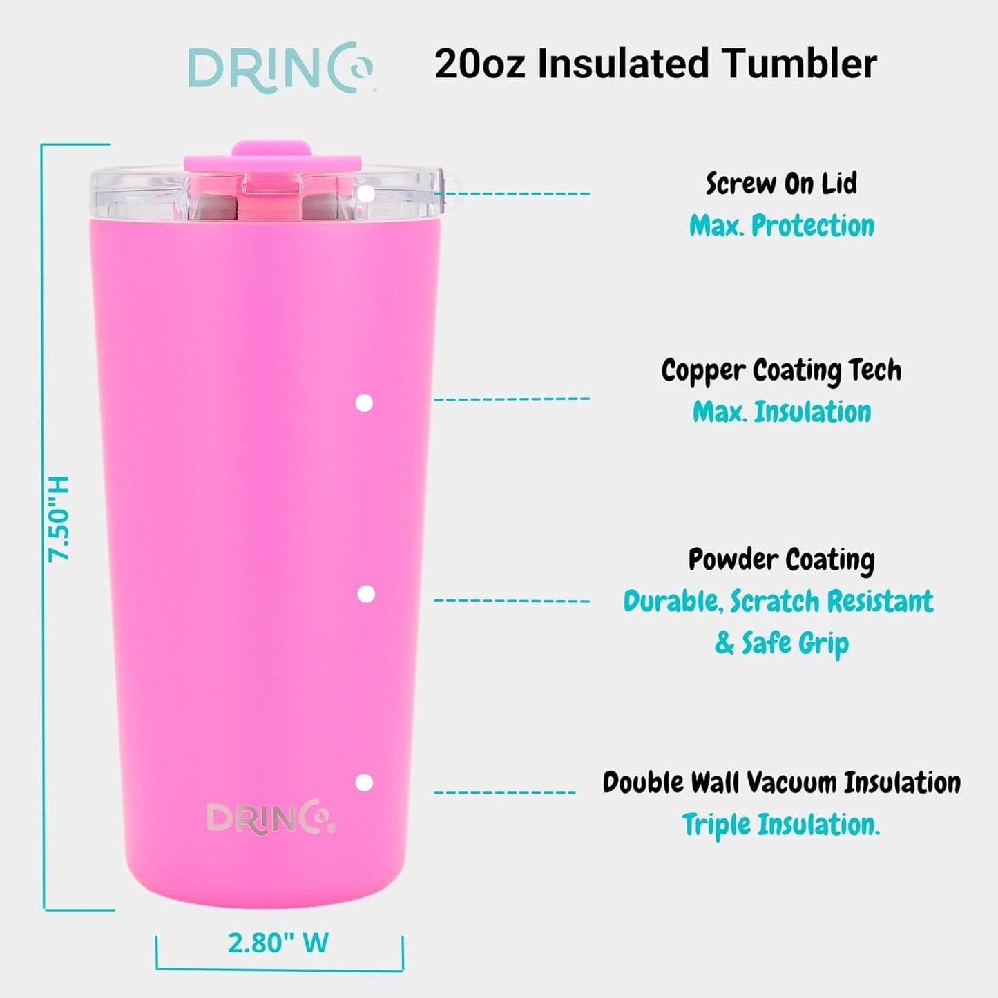Drinco - 20 oz Stainless Steel Tumbler | Double Walled Vacuum Insulated Mug With Lid, 2 Straws, For Hot & Cold Drinks (2pk 20oz Teal & Pink, 2PK)