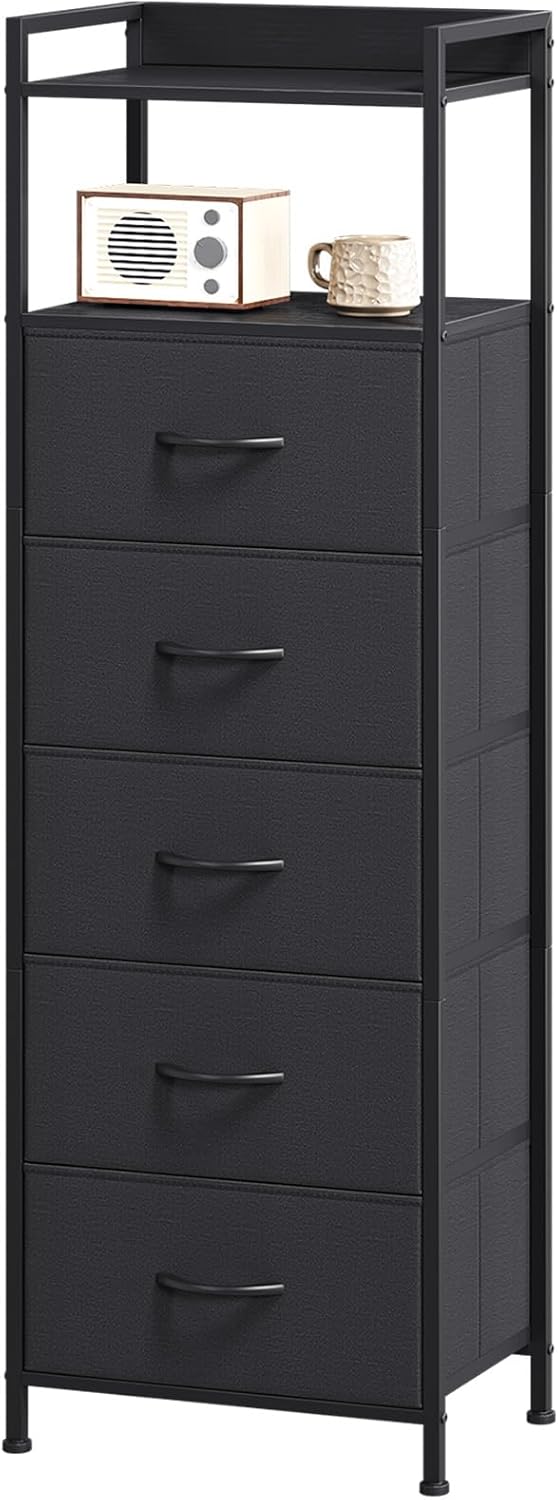 Somdot Tall Night Stand for Bedroom,Tall 5 Drawers Dresser, Vertical Storage Tower Unit, Nightstand Furniture with Fabric Drawer Organizer in Bedside Kids Dorm Room Closet Laundry Entryway,Black