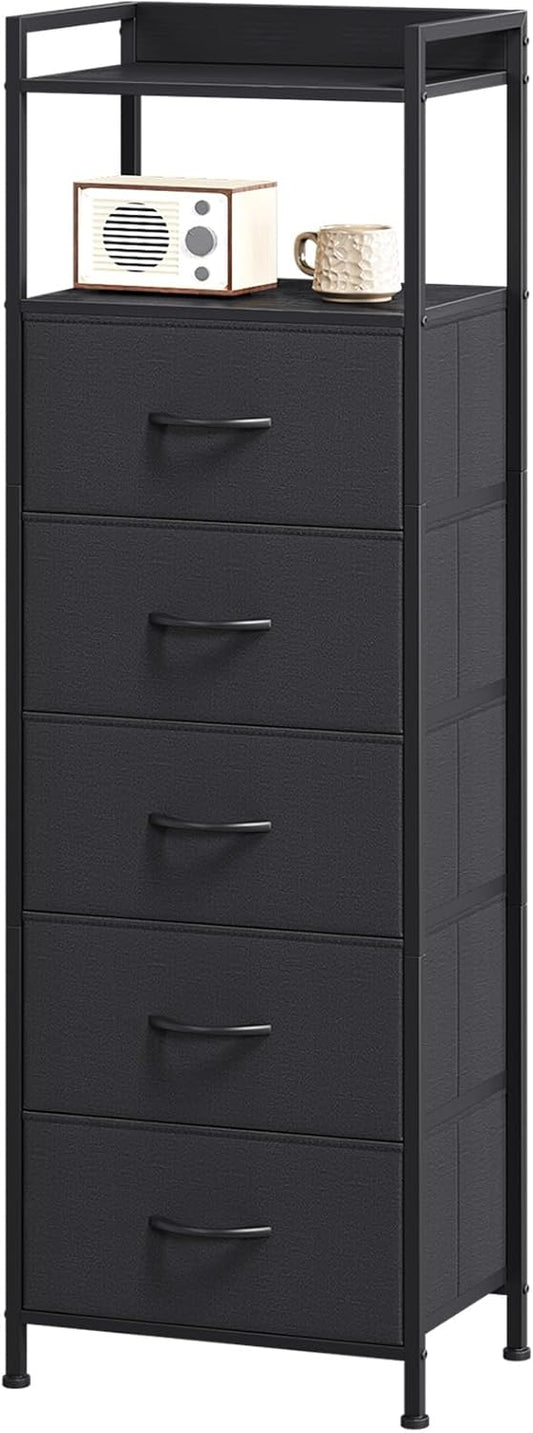 Somdot Tall Night Stand for Bedroom,Tall 5 Drawers Dresser, Vertical Storage Tower Unit, Nightstand Furniture with Fabric Drawer Organizer in Bedside Kids Dorm Room Closet Laundry Entryway,Black