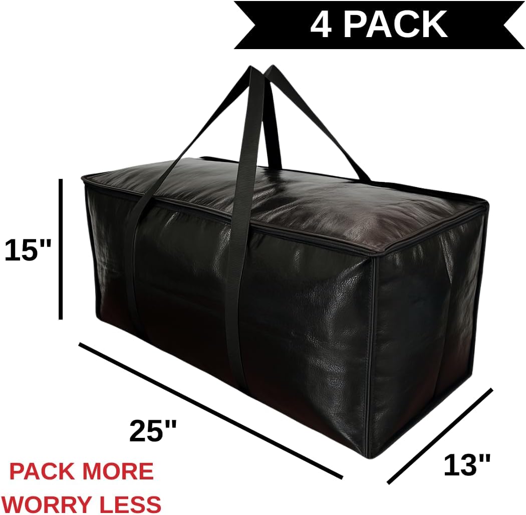 BAG-THAT! 4-Pack Black Moving Bags, Extra Large Storage Bags with Zipper, Water Resistant Packing Bags for Moving Supplies, Heavy Duty Moving Totes with Carrying Handle