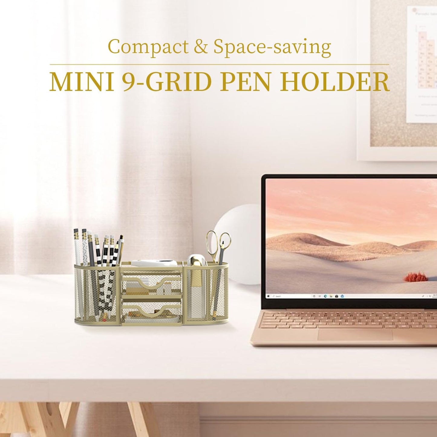 SUPEASY Mesh Desk Organizer, Desk Organizers and Accessories, Pen Holder with Drawers, Pencil Holder for Desk with 2 Drawer for Office Supplies, Golden yellow