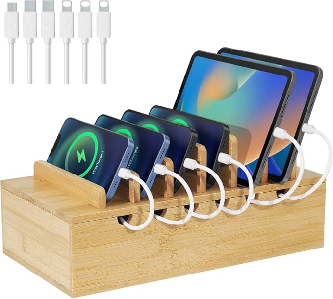 Bamboo Charging Station for Multiple Devices, Desk Docking Stations Organizer Compatible with iPhone Devices, Wood Charging Cell Phone Holder Stand (Includes 6 Cables) (NO Power Supply)