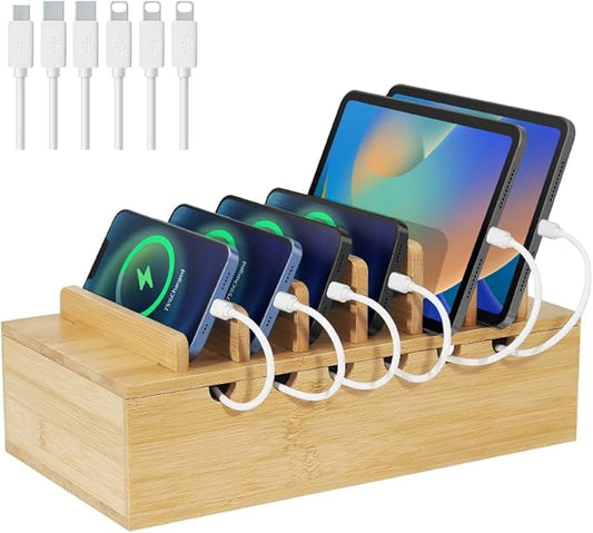 Bamboo Charging Station for Multiple Devices, Desk Docking Stations Organizer Compatible with iPhone Devices, Wood Charging Cell Phone Holder Stand (Includes 6 Cables) (NO Power Supply)