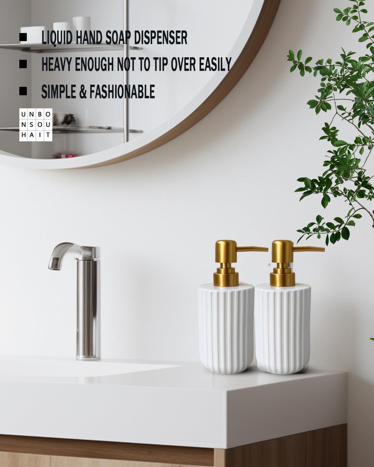 Soap Dispenser for Bathroom,12 Oz Liquid Soap Dispenser for Kitchen,Ceramic Hand Soap Dispenser with Plastic Pump,Simple Style Soap Dispenser (Gold and White Cylindrical Soap Dispenser)