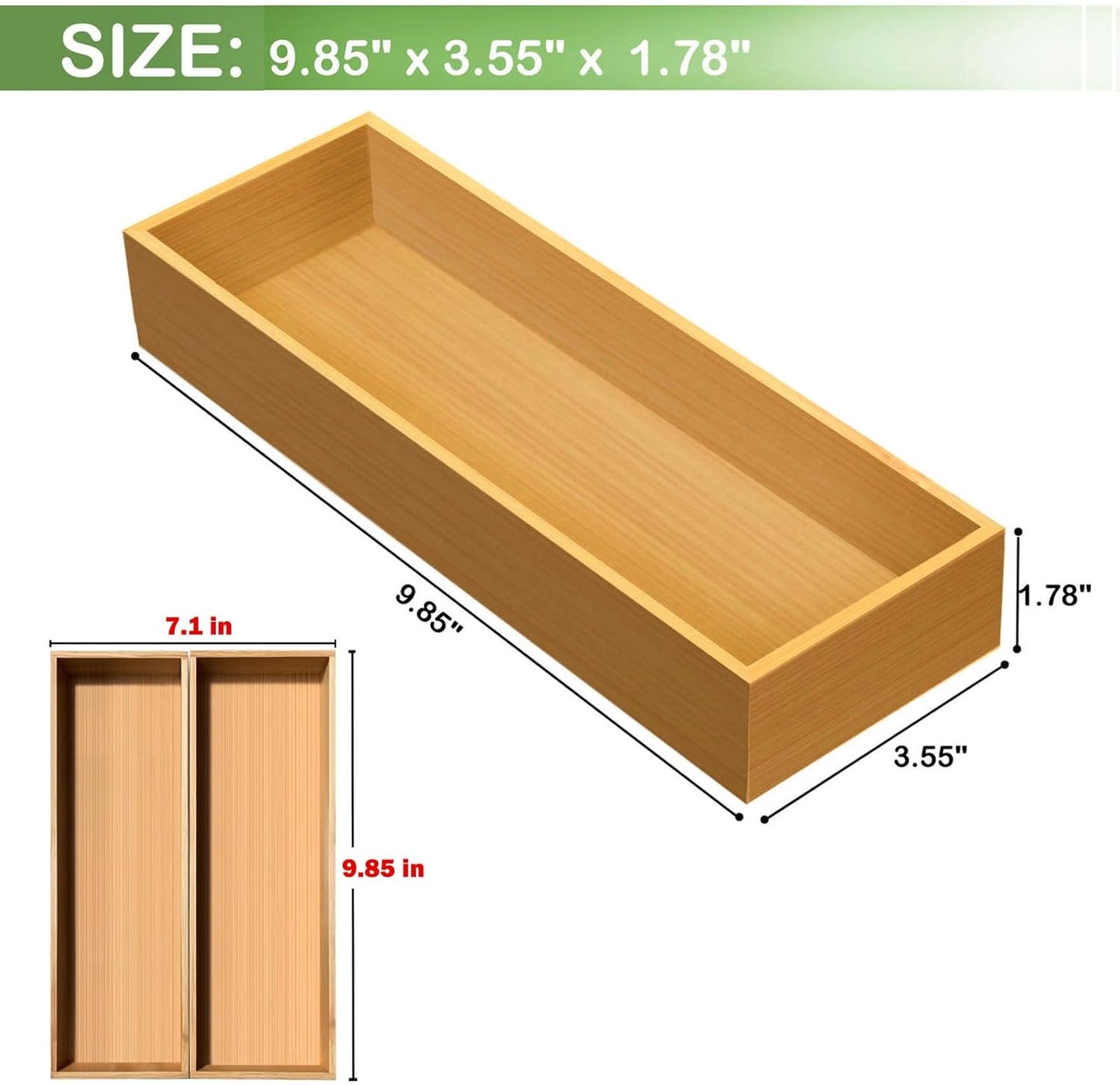 Bamboo Drawer Silverware Organizer, Silverware Tray, Flatware Organizer, Bamboo Storage Box Suitable for Office, Bathroom and other objects storage (9.85"x3.55"x1.78"- Set of 2)