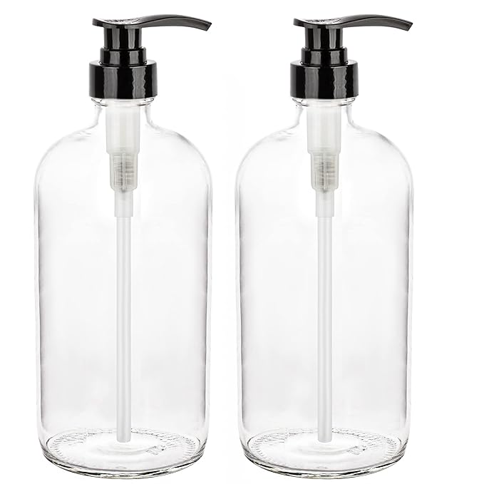 kitchentoolz 32-Ounce Pump Bottles, Large Clear Glass Boston Round Bottles w/Black Pumps. Great for Lotions, Laundry Soap Detergent, Oils, Sauces - Food Safe and Medical Grade (Pack of 2)