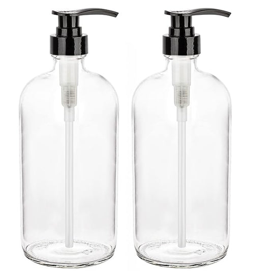 kitchentoolz 32-Ounce Pump Bottles, Large Clear Glass Boston Round Bottles w/Black Pumps. Great for Lotions, Laundry Soap Detergent, Oils, Sauces - Food Safe and Medical Grade (Pack of 2)