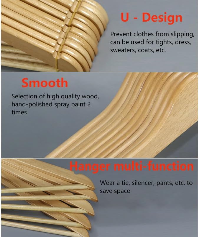Wooden Coat Hangers, Natural Wood Suit Hangers with Non Slip Pant Bar, for Clothes, Shirts, Jackets, Dress, Pants (Natural, 30)