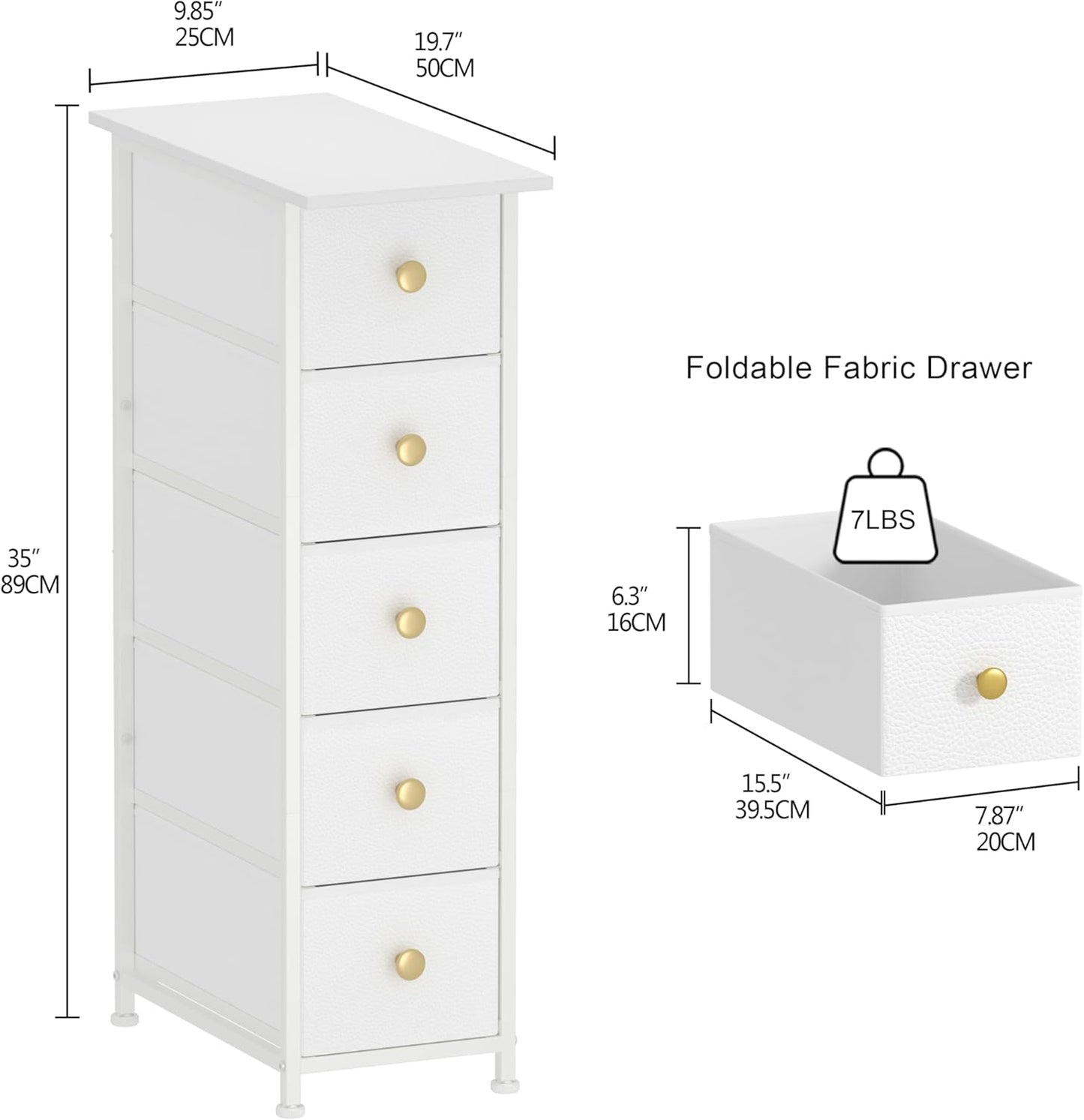 GiftGo Narrow Dresser Cabinet Vertical Slim Dresser Chest of Drawers Skinny Storage Tower for Small Spaces Gaps Closet Bedroom Bathroom Small Fabric Drawer Unit (White, 5 Drawers)