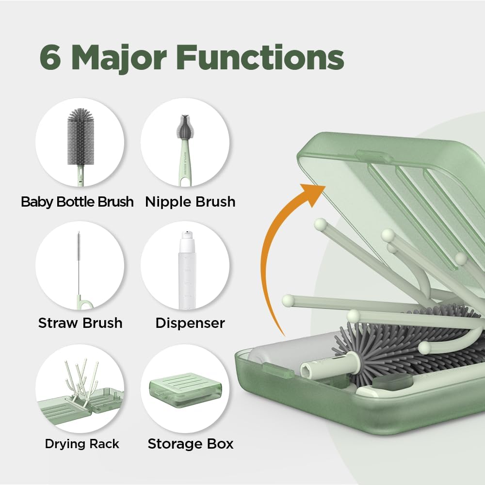 Travel Bottle Brush, Travel Bottle Cleaner Kit with Bottle Drying Rack, Transparent Green