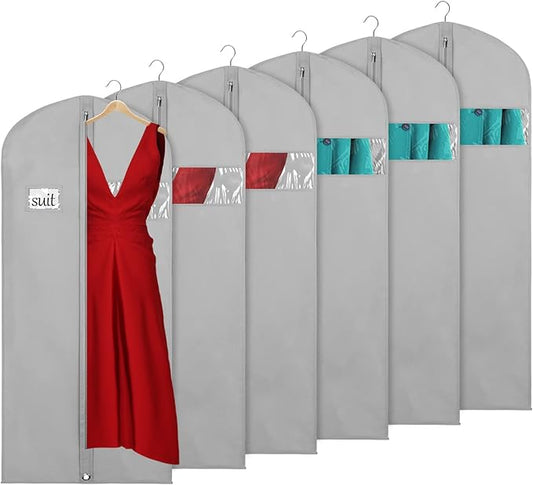 KEEGH Garment Bags for Hanging Clothes 60" (Set of 6) Dress Bags for Gowns Long Dress Bags for Closet Storage with Zipper and Eye-Hole for Folding for Suit Coats Dresses, Grey