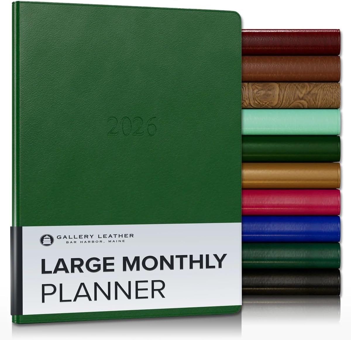 Gallery Leather Large Monthly Planner 2025-2026, Elegantly Bound Calendar Planner and Notebook with Stylish Gold-Gilded Page Edges, 18 Months - Monhegan Emerald - 9.75x7.5"