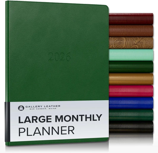 Gallery Leather Large Monthly Planner 2025-2026, Elegantly Bound Calendar Planner and Notebook with Stylish Gold-Gilded Page Edges, 18 Months - Monhegan Emerald - 9.75x7.5"