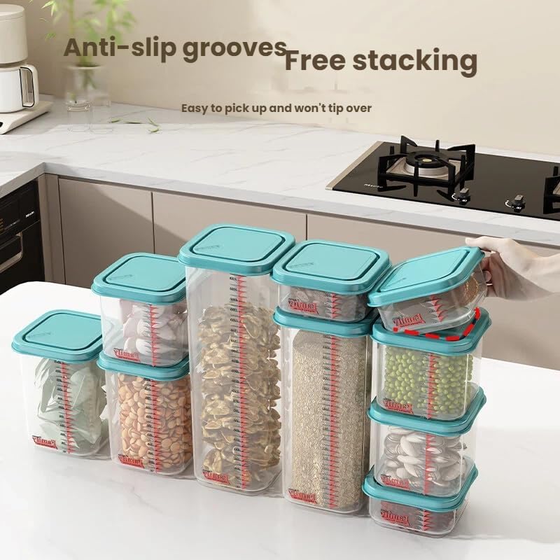 Airtight Food Storage Container With Lids 9PCS Family Set, BPA-Free Food-grade Plastic Stackable Leak-proof Kitchen Pantry Organizers for Pasta, Nuts, Dry Goods, Snack,Modular Design (Blue)