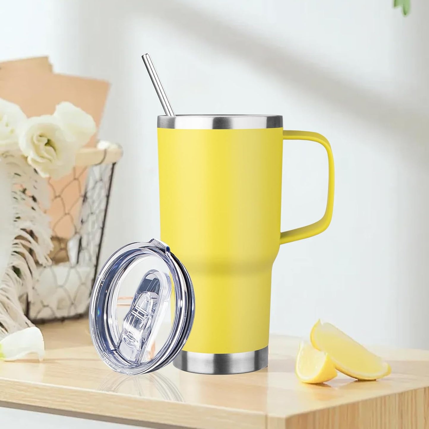 20oz Insulated Tumbler with Handle Stainless Steel Travel Coffee Mug with Lid and Straw Double Wall Vacuum Leak-proof Reusable Thermal Water Cup for Hot and Cold Drinks (Yellow,1 Pack)