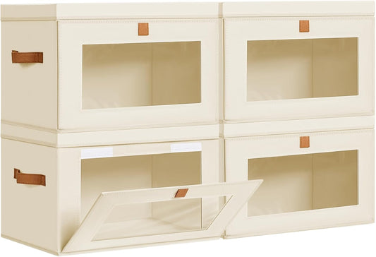 DIMJ Storage Bins with Lids - 4 Pack Large Fabric Closet Organizer with Window & Handles, Collapsible Decorative Storage Boxes for Shelves Under Bed, Books Clothes Blankets Sweaters Organization
