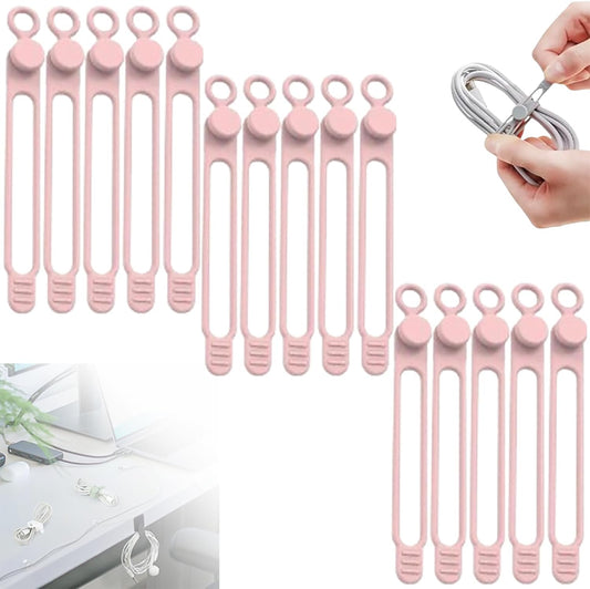 Silicone Cable Ties, 2024 New Data Cable Organizer Silicone Cable Ties Reusable Cable Management Organizer Multipurpose Cable Management for Travel/Portable/Office/Home Desk (Pink, 15 Pcs)